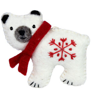 Snowflake Polar Bear Handmade Felted Wool Hanging Ornament Fair Trade Christmas
